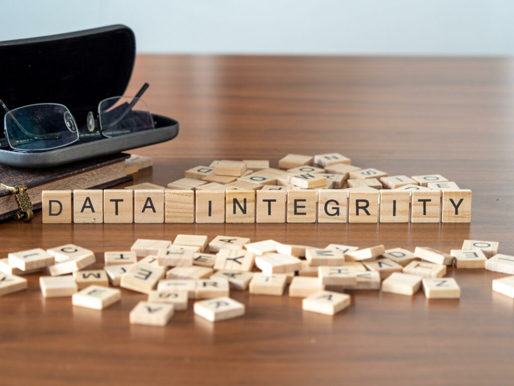 data integrity the word or concept represented by wooden letter tiles